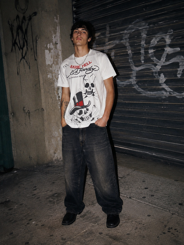 Ed Hardy by Christian Audigier "Born To Raise Hell" Rhinestone Skull Tee - Off-White / Graphic