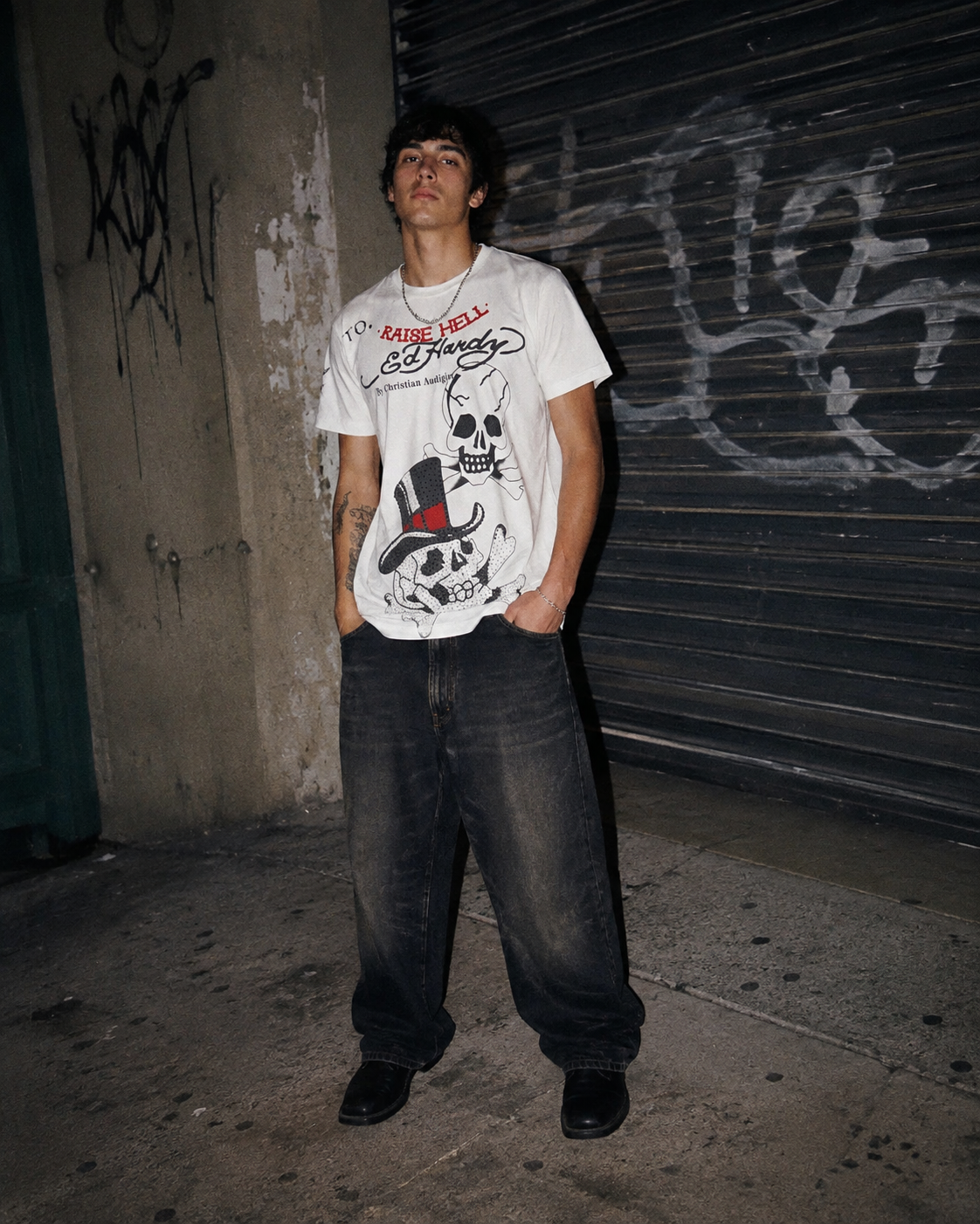 Ed Hardy by Christian Audigier "Born To Raise Hell" Rhinestone Skull Tee - Off-White / Graphic