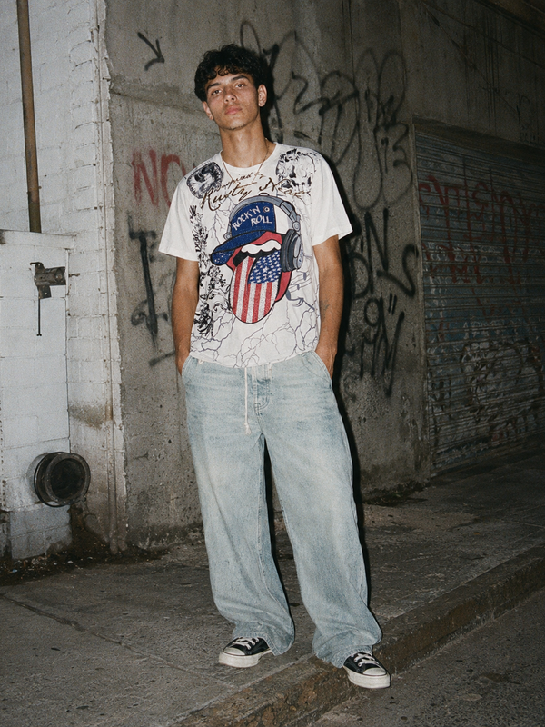 Rusty Neal "Rock'n'Roll" Graphic Rhinestone Tee - White / Graphic Print
