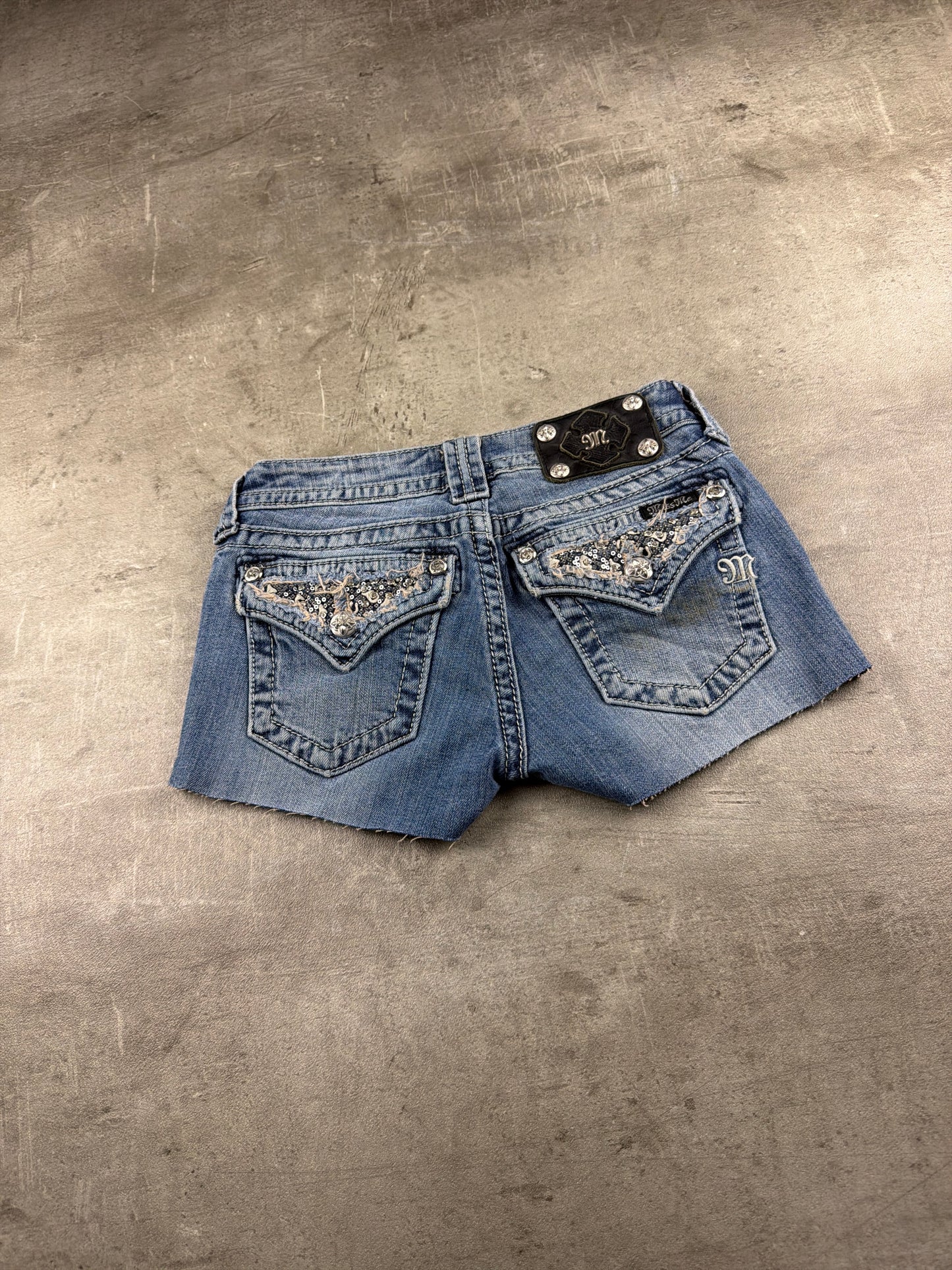 Miss Me Embellished Sequined Low-Waist Denim Shorts - Medium Wash
