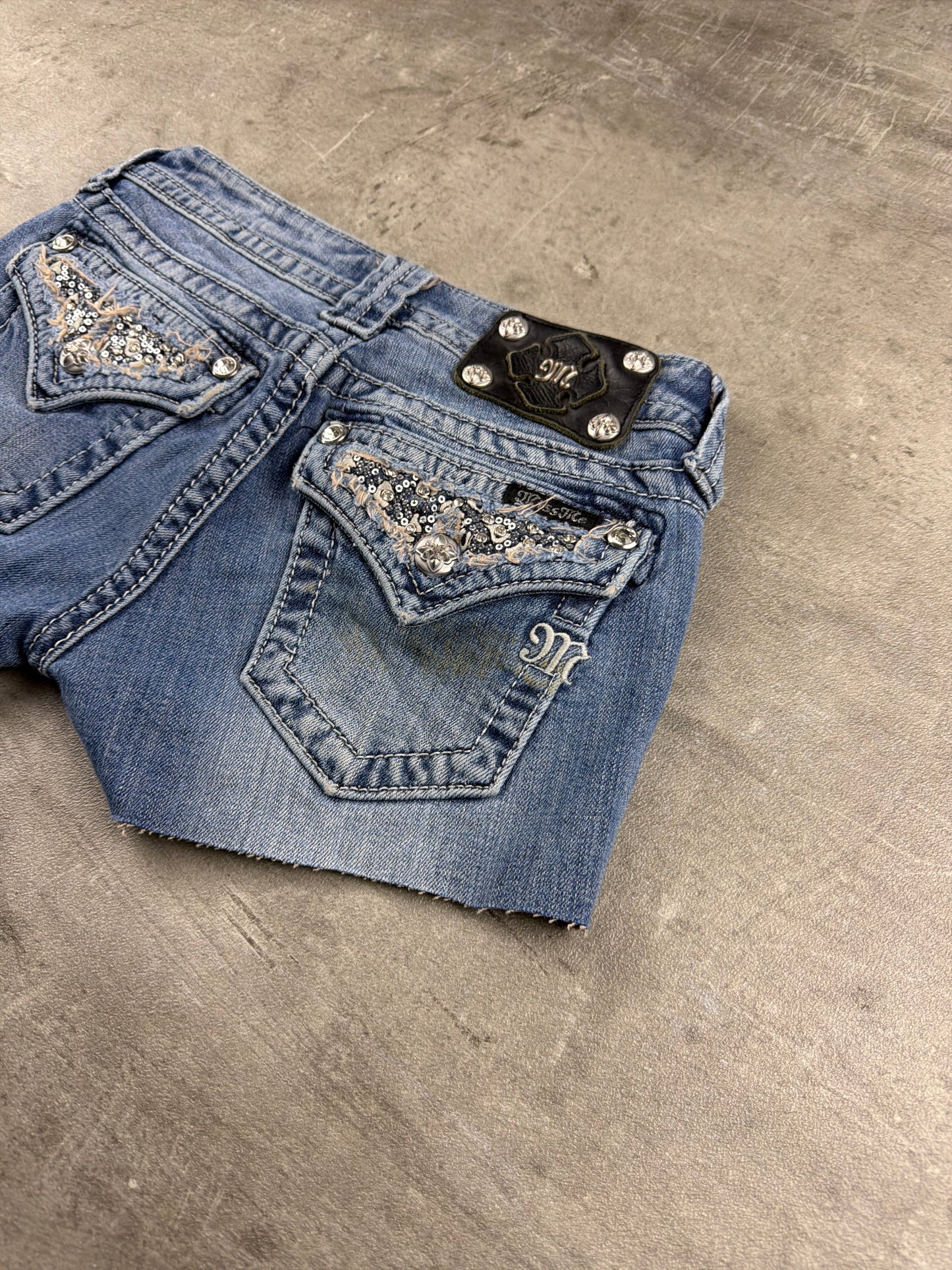 Miss Me Embellished Sequined Low-Waist Denim Shorts - Medium Wash