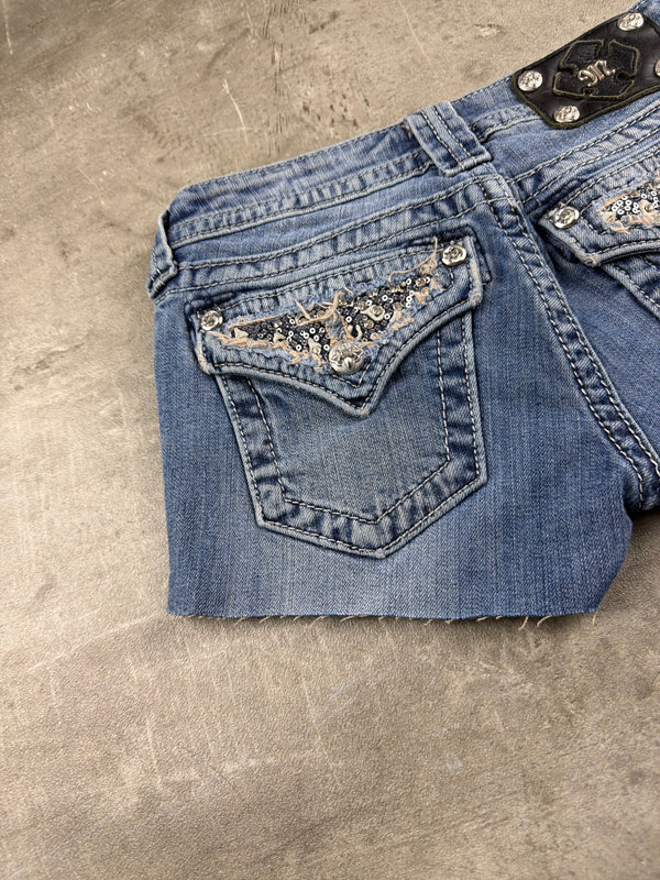 Miss Me Embellished Sequined Low-Waist Denim Shorts - Medium Wash