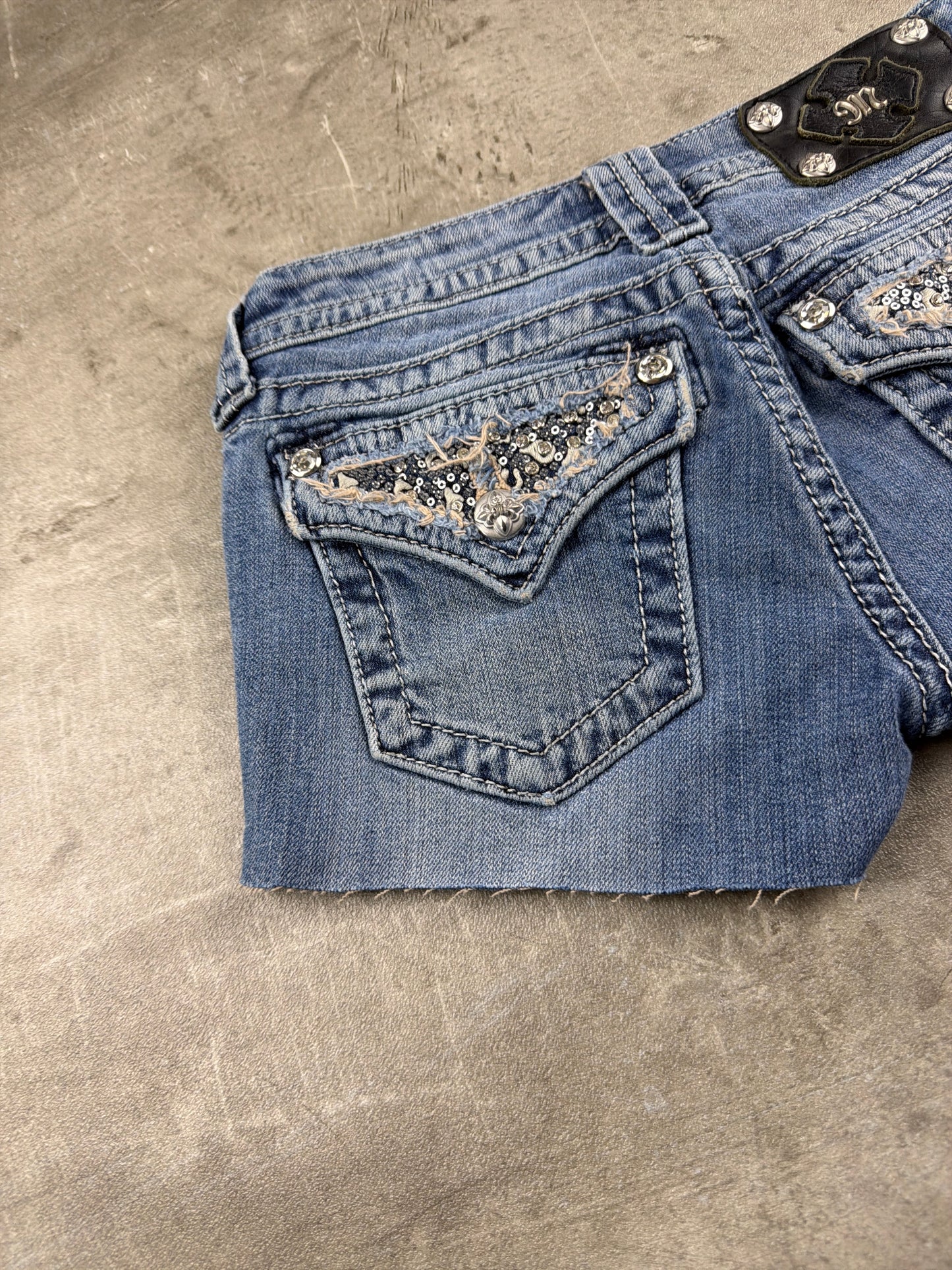 Miss Me Embellished Sequined Low-Waist Denim Shorts - Medium Wash