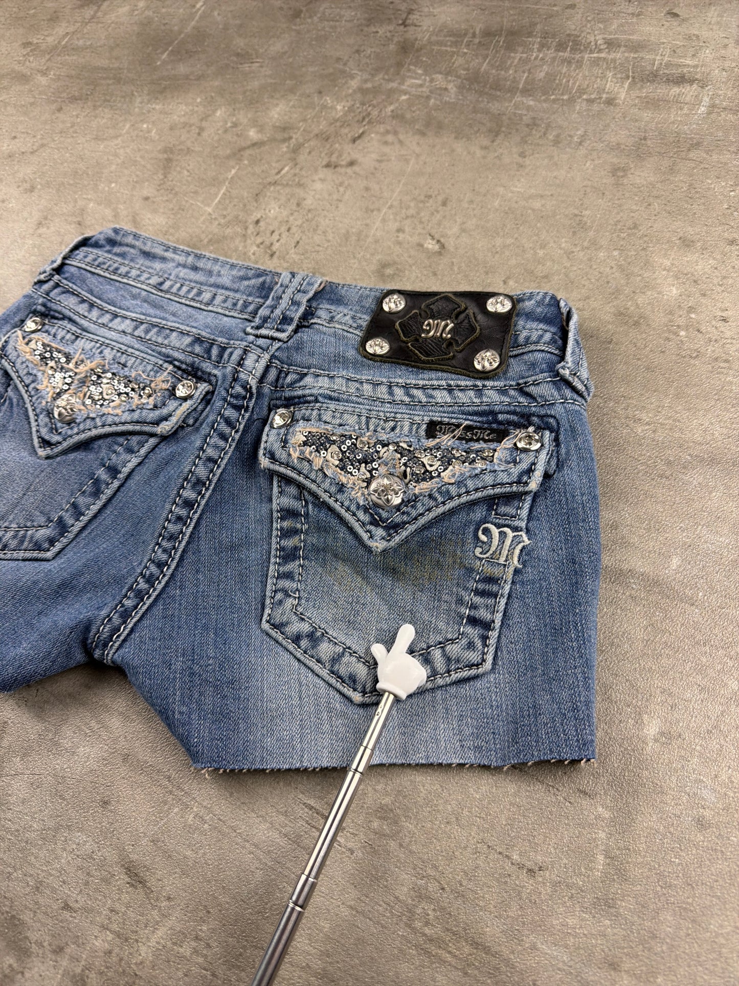 Miss Me Embellished Sequined Low-Waist Denim Shorts - Medium Wash
