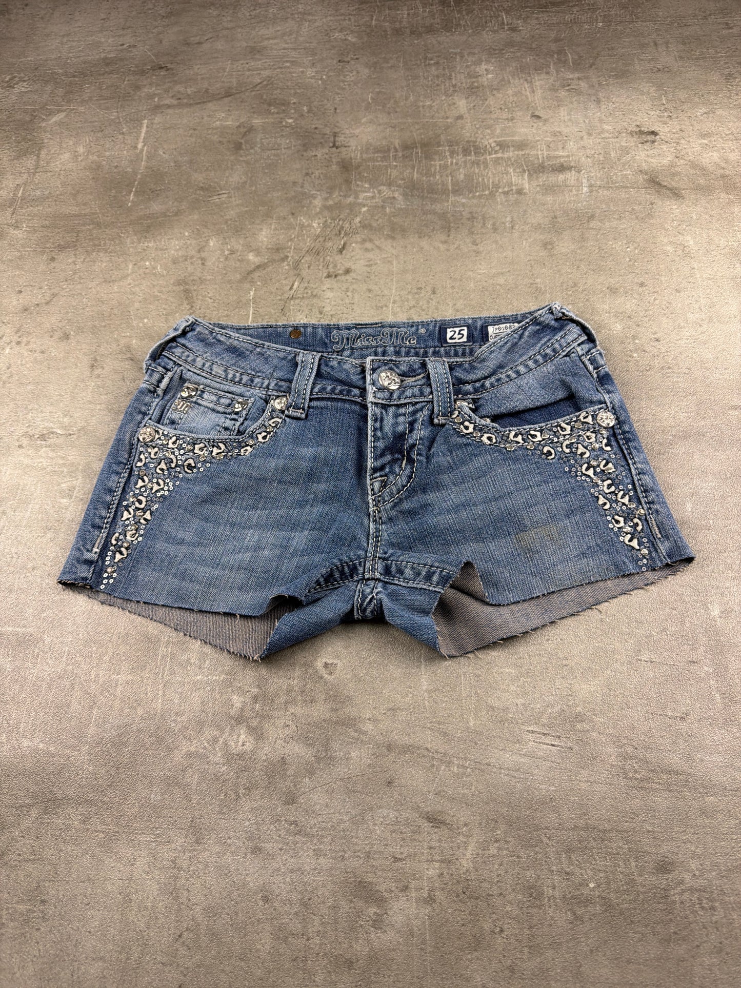 Miss Me Embellished Sequined Low-Waist Denim Shorts - Medium Wash