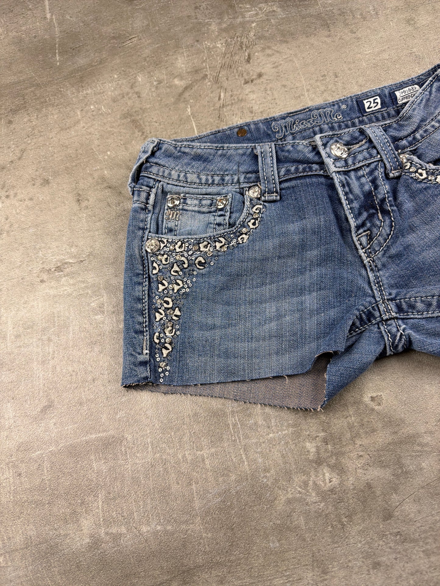 Miss Me Embellished Sequined Low-Waist Denim Shorts - Medium Wash