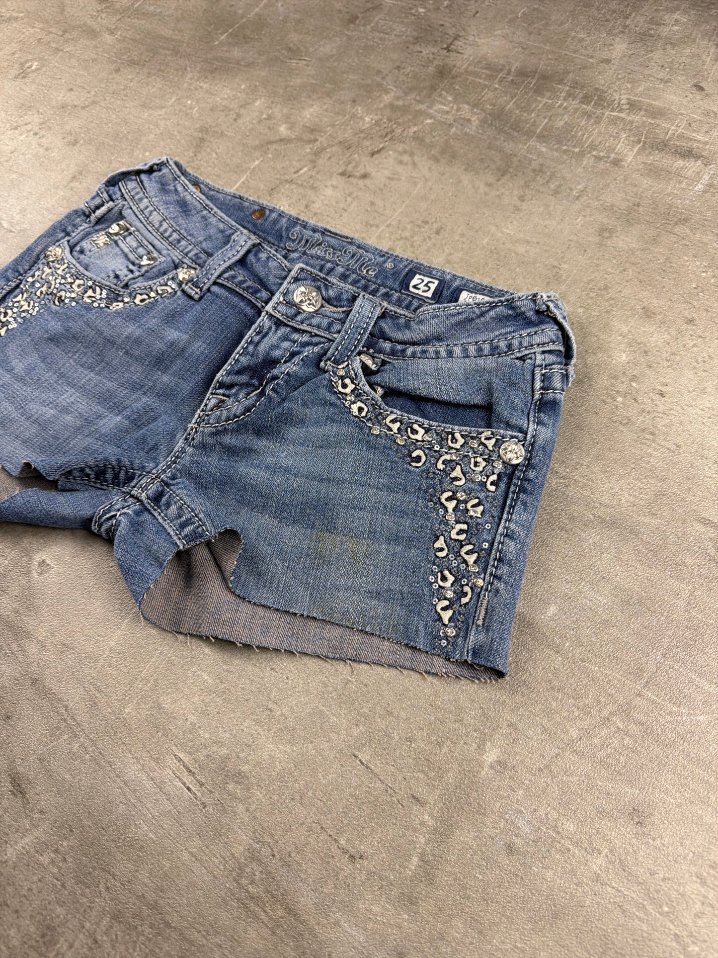 Miss Me Embellished Sequined Low-Waist Denim Shorts - Medium Wash
