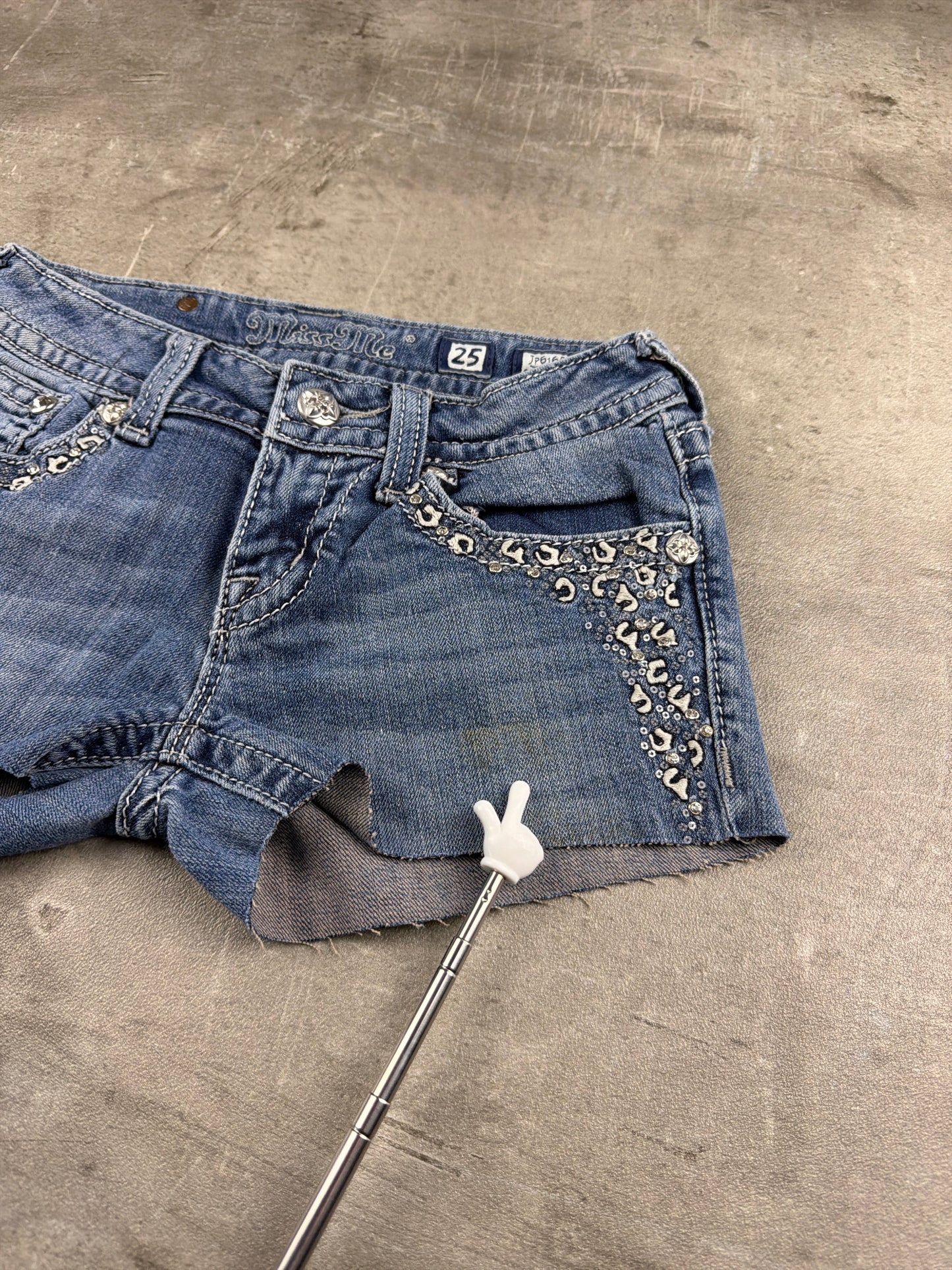 Miss Me Embellished Sequined Low-Waist Denim Shorts - Medium Wash