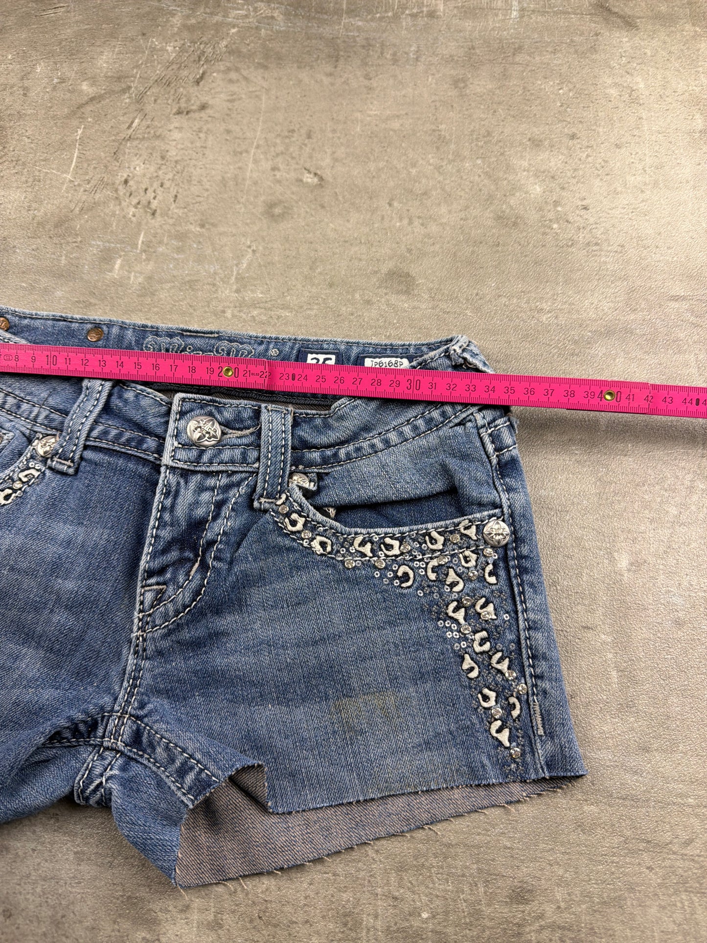 Miss Me Embellished Sequined Low-Waist Denim Shorts - Medium Wash