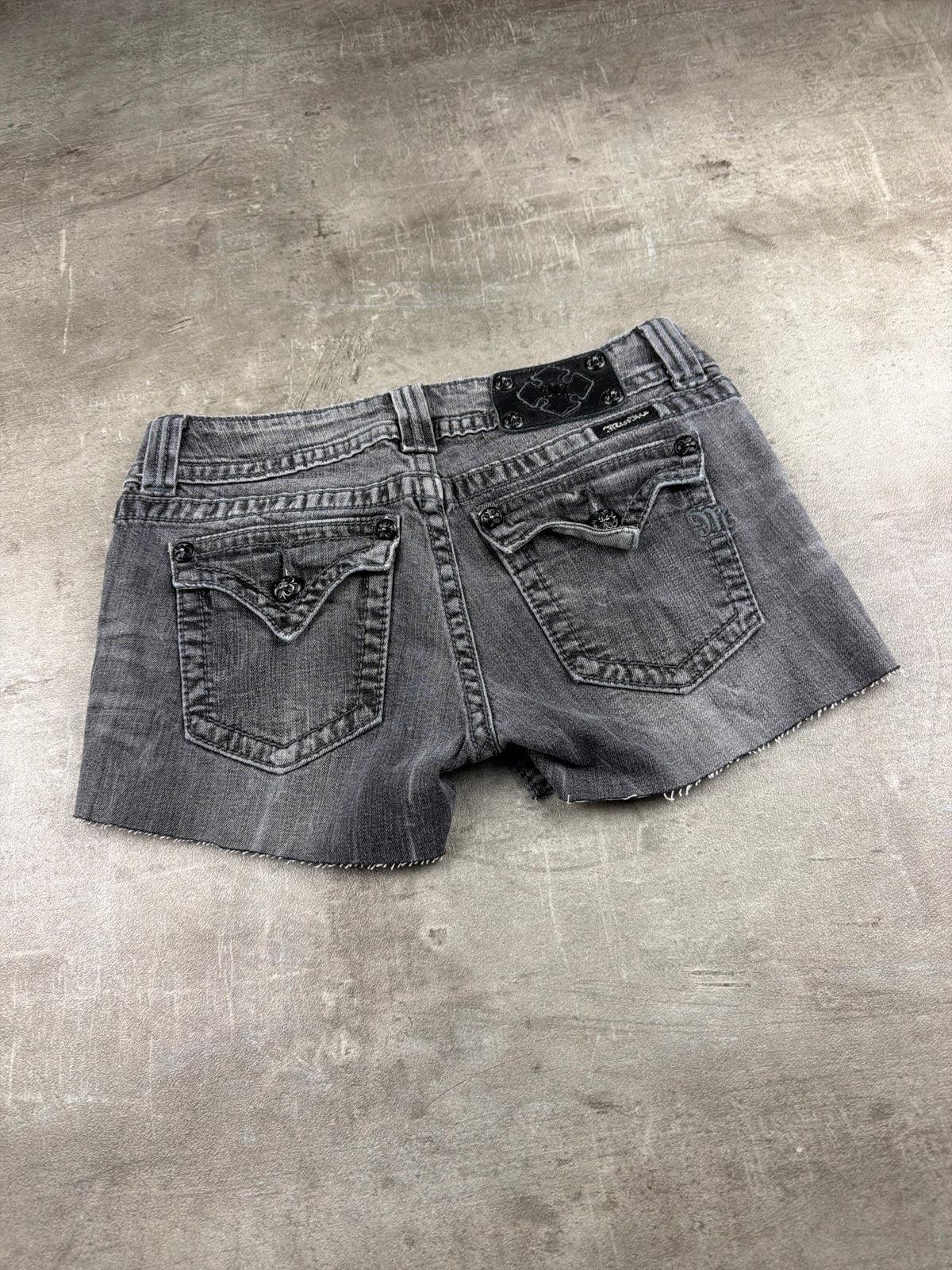 Miss Me Y2K Low Waist Denim Shorts - Grey/Washed Black