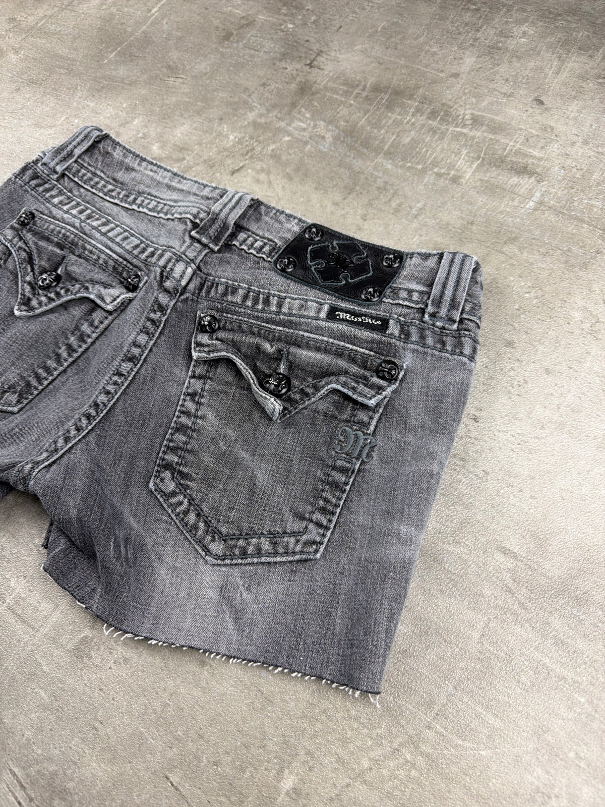 Miss Me Y2K Low Waist Denim Shorts - Grey/Washed Black