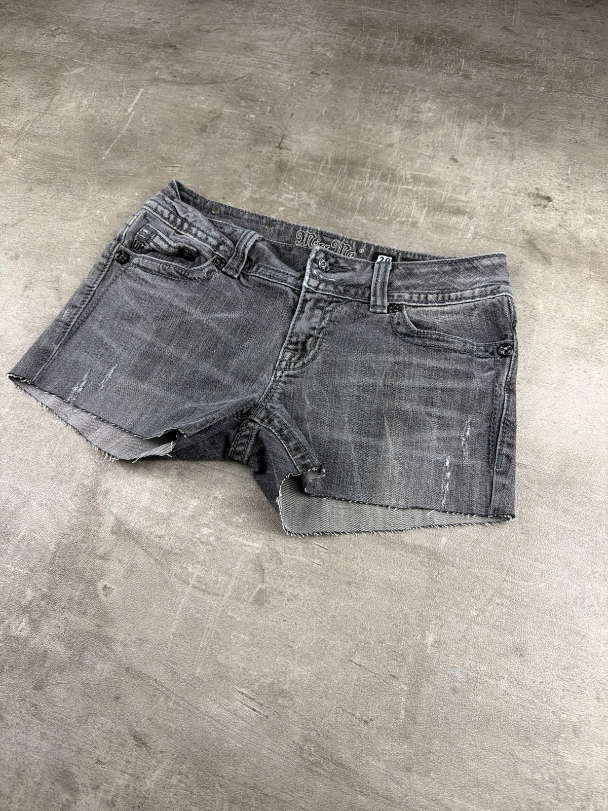 Miss Me Y2K Low Waist Denim Shorts - Grey/Washed Black