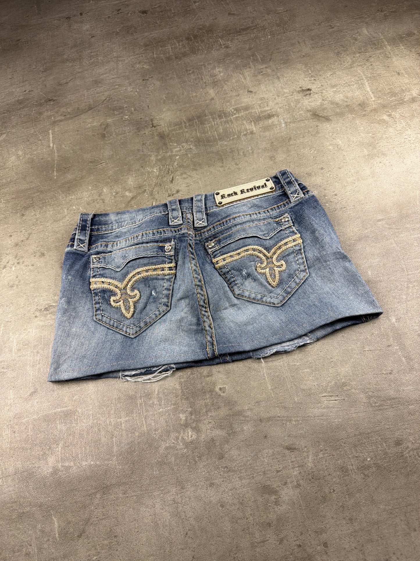 Rock Revival Embellished Denim Mini Skirt - Distressed Blue