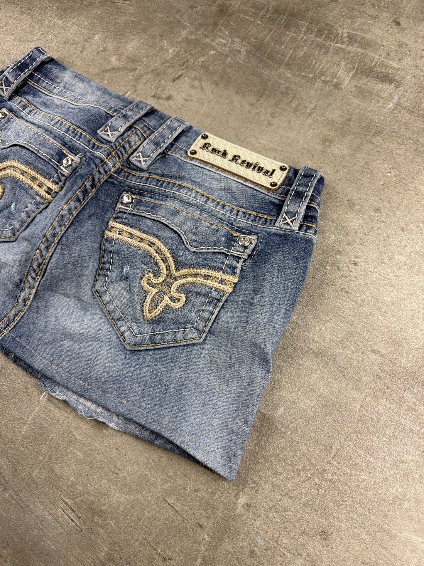 Rock Revival Embellished Denim Mini Skirt - Distressed Blue