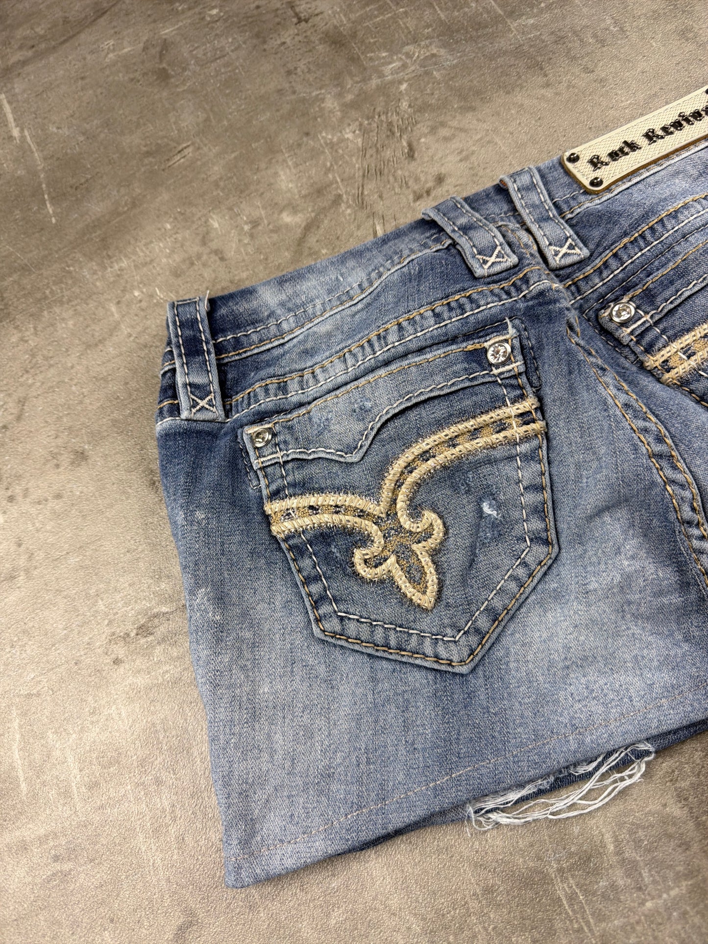 Rock Revival Embellished Denim Mini Skirt - Distressed Blue