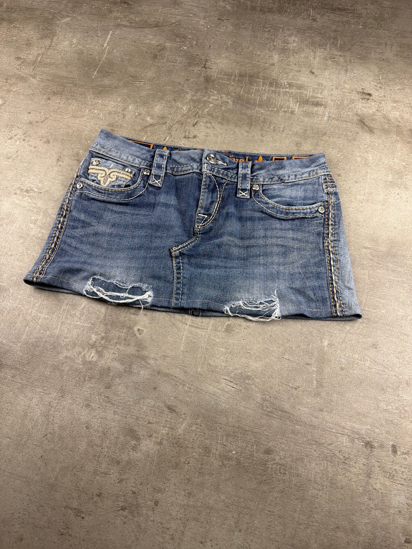 Rock Revival Embellished Denim Mini Skirt - Distressed Blue