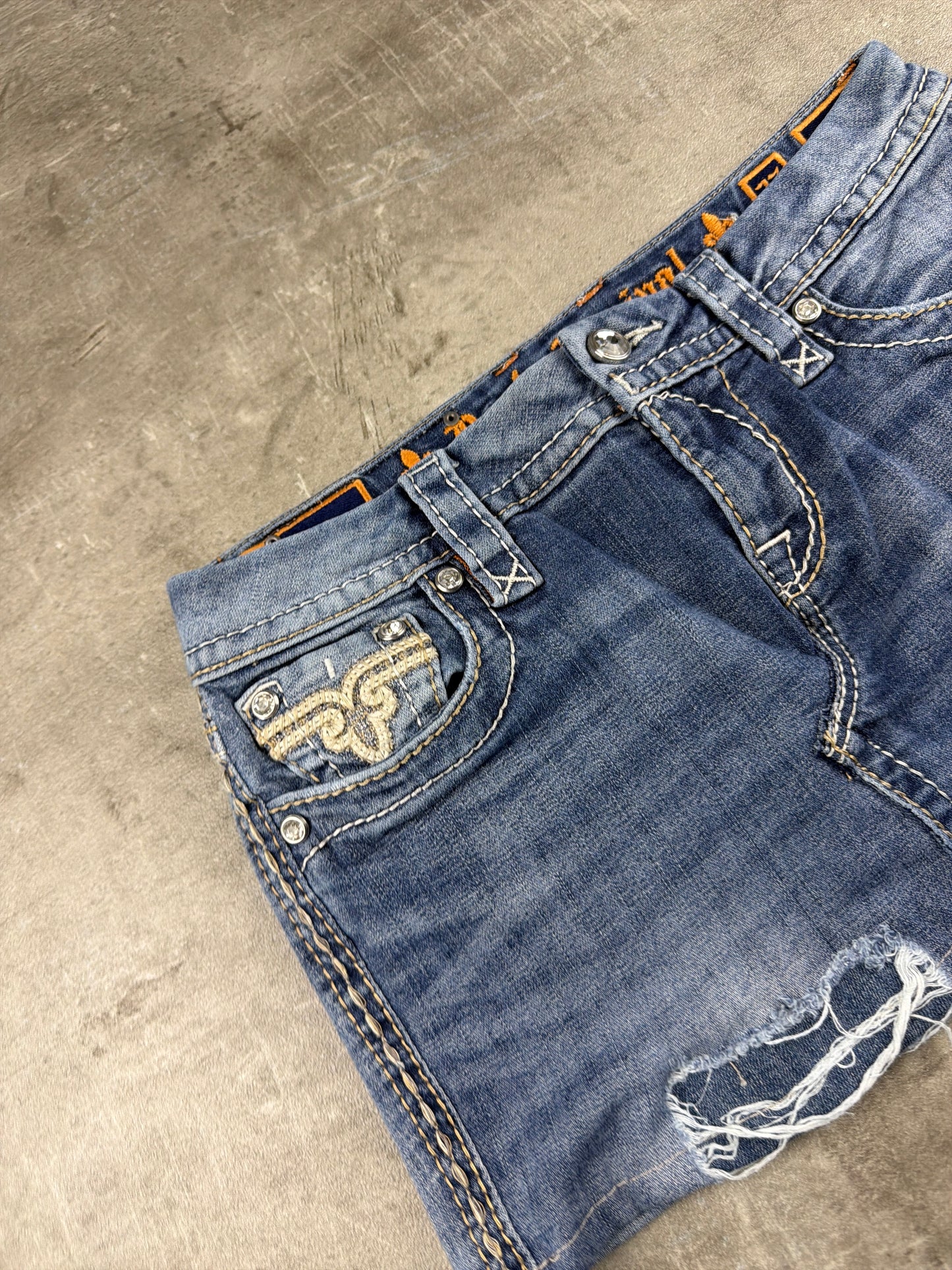 Rock Revival Embellished Denim Mini Skirt - Distressed Blue