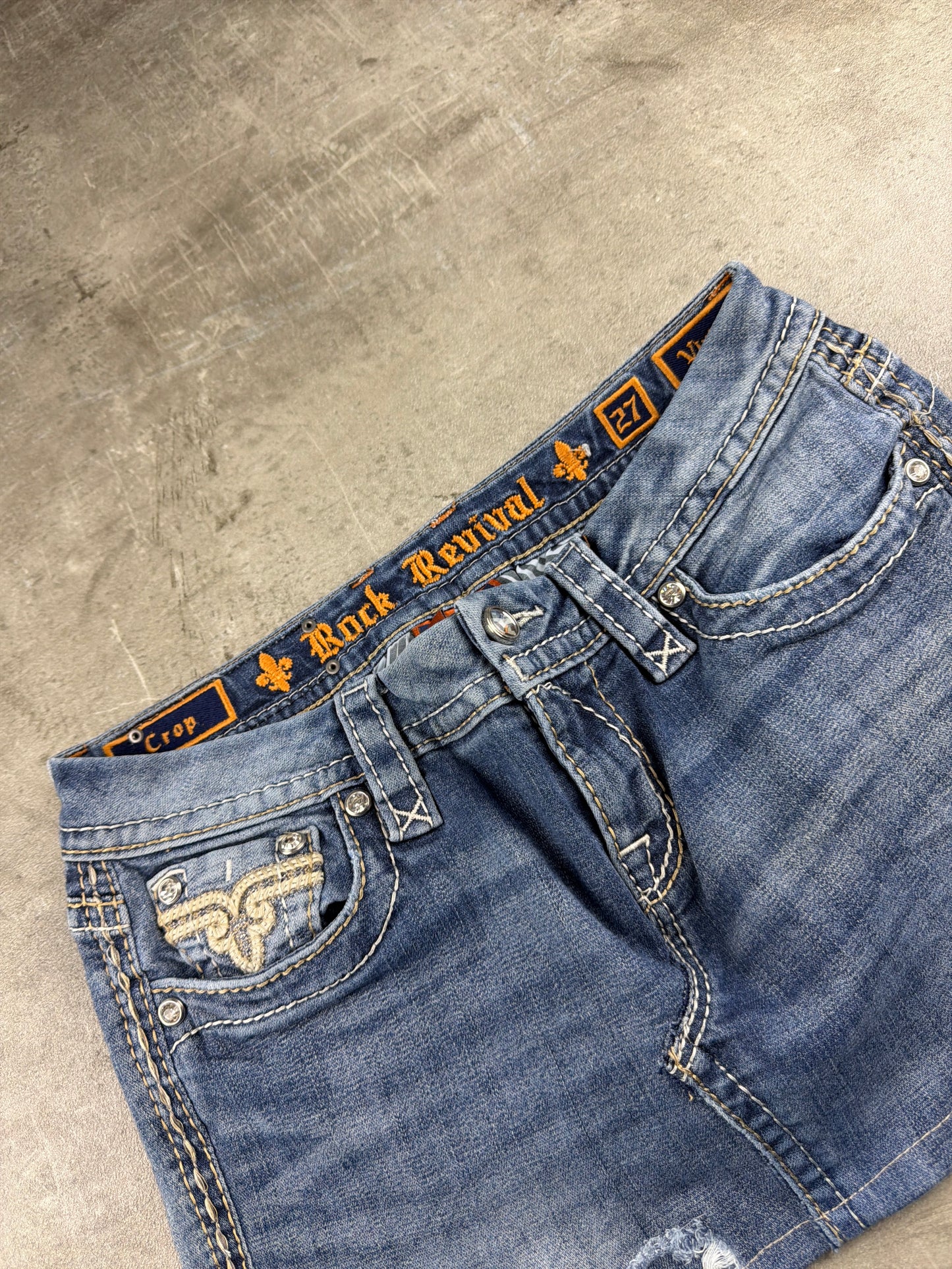 Rock Revival Embellished Denim Mini Skirt - Distressed Blue
