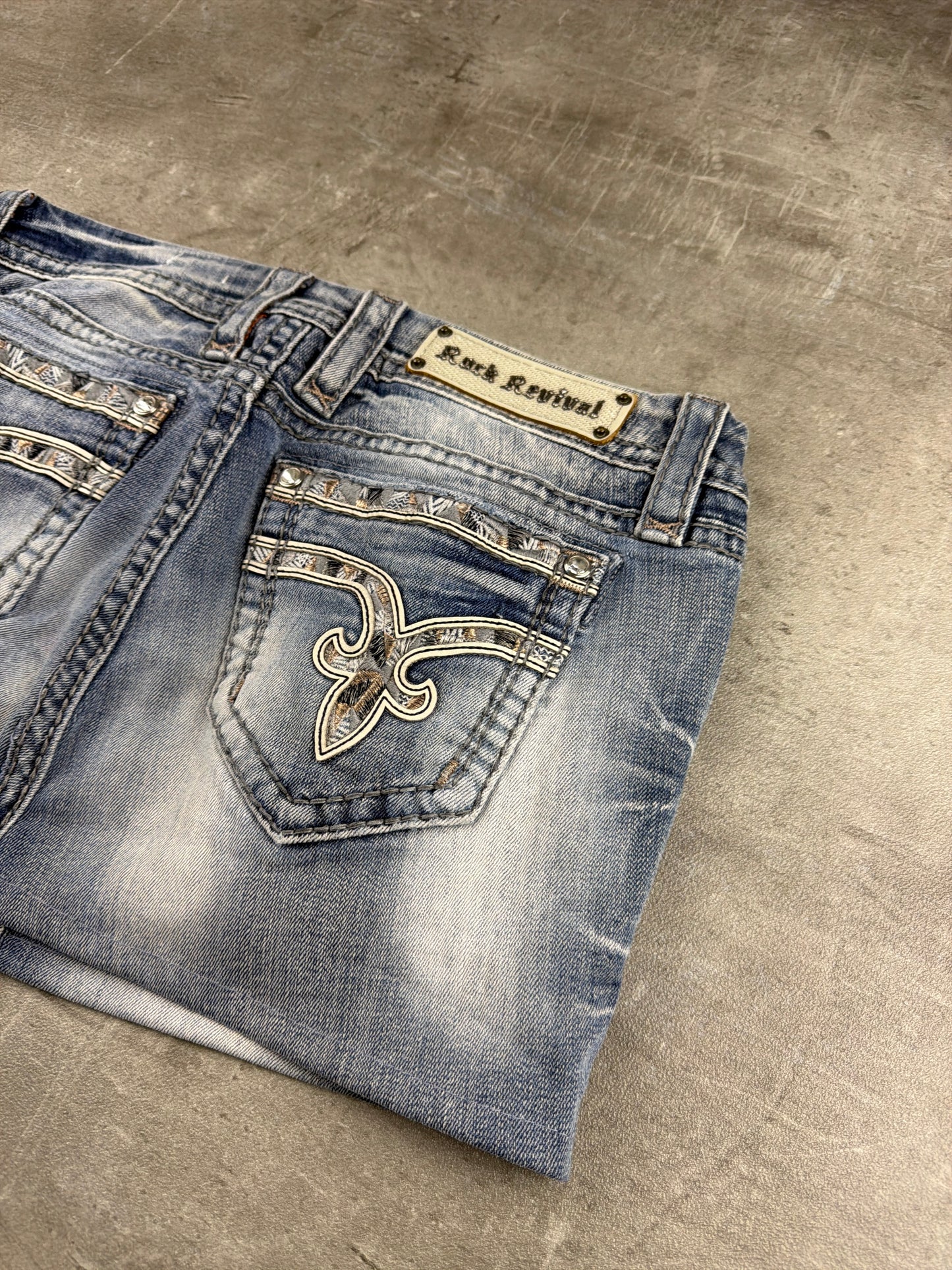 Rock Revival Y2K "Easy Crop" Embellished Denim Mini Skirt – Light Wash Blue