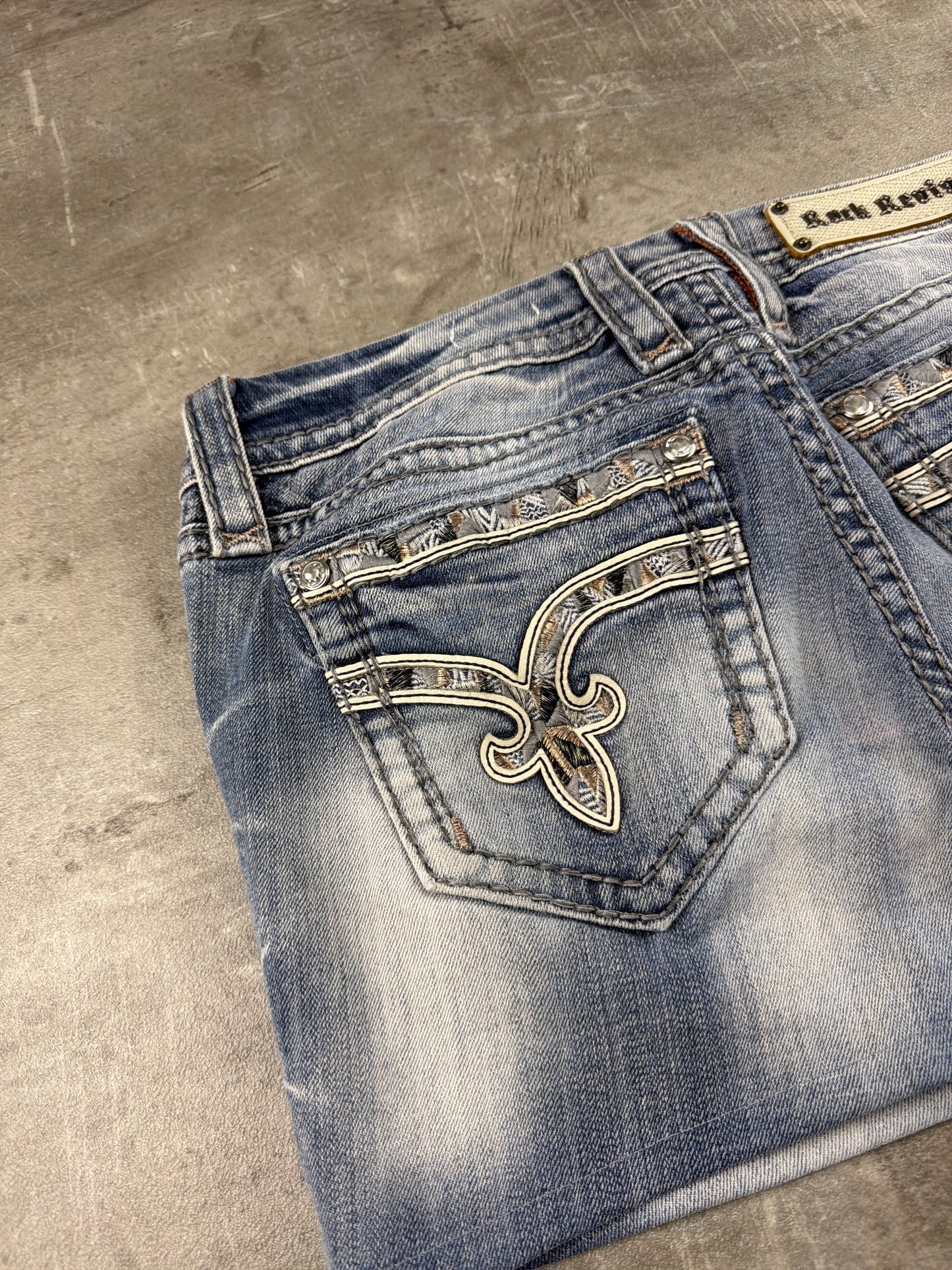 Rock Revival Y2K "Easy Crop" Embellished Denim Mini Skirt – Light Wash Blue