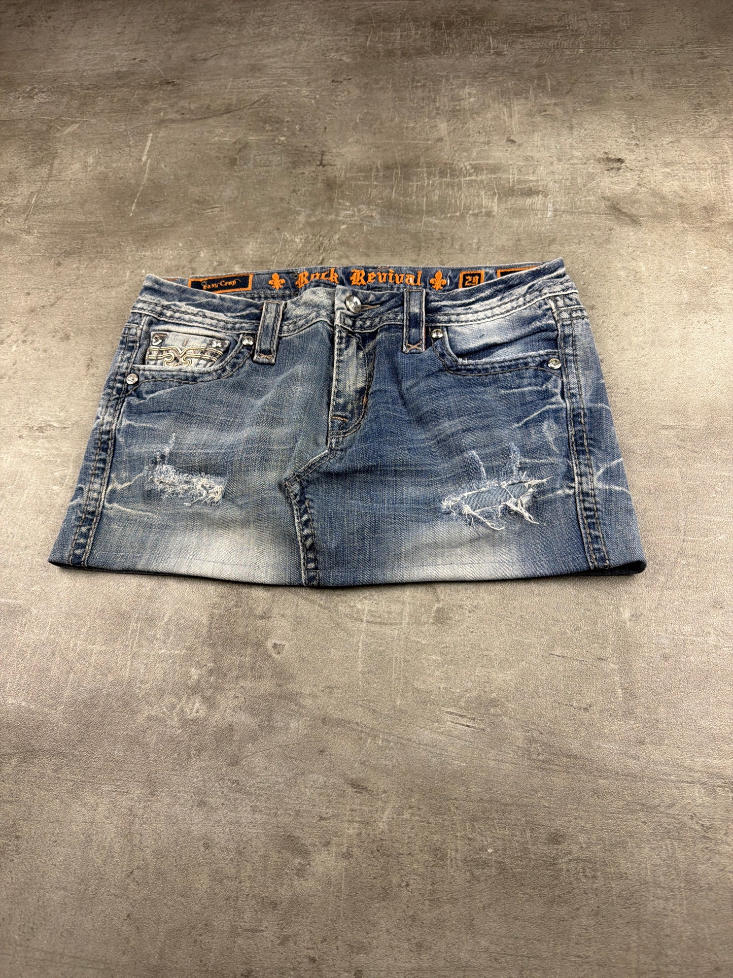 Rock Revival Y2K "Easy Crop" Embellished Denim Mini Skirt – Light Wash Blue