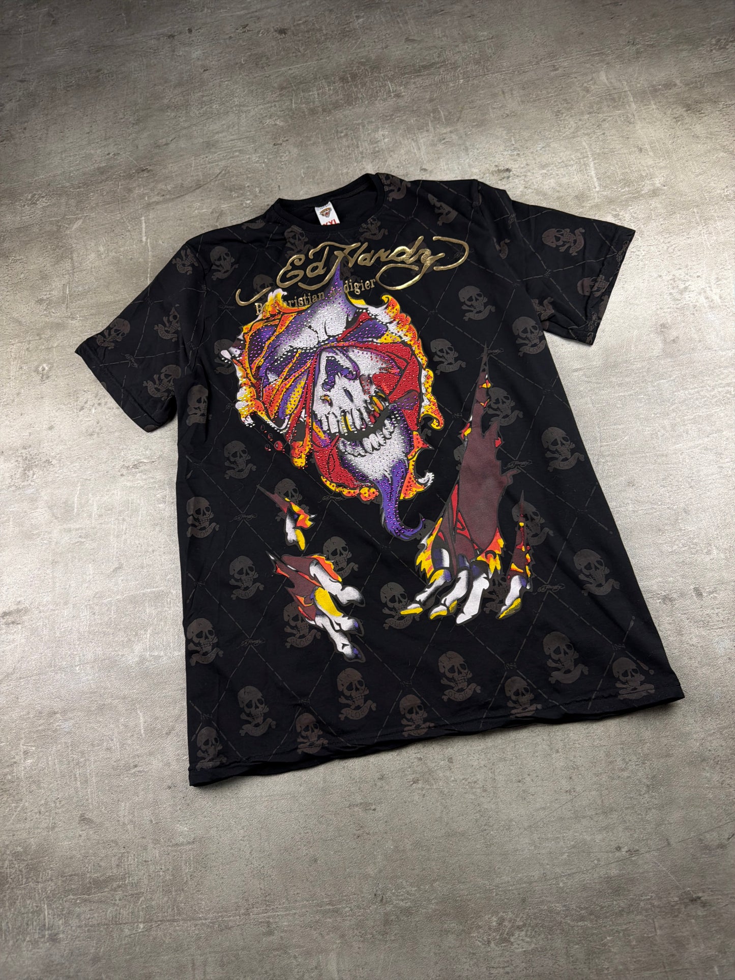 Ed Hardy by Christian Audigier Rhinestone Skull Tee - All Over Print Black