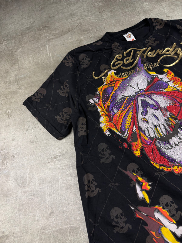 Ed Hardy by Christian Audigier Rhinestone Skull Tee - All Over Print Black