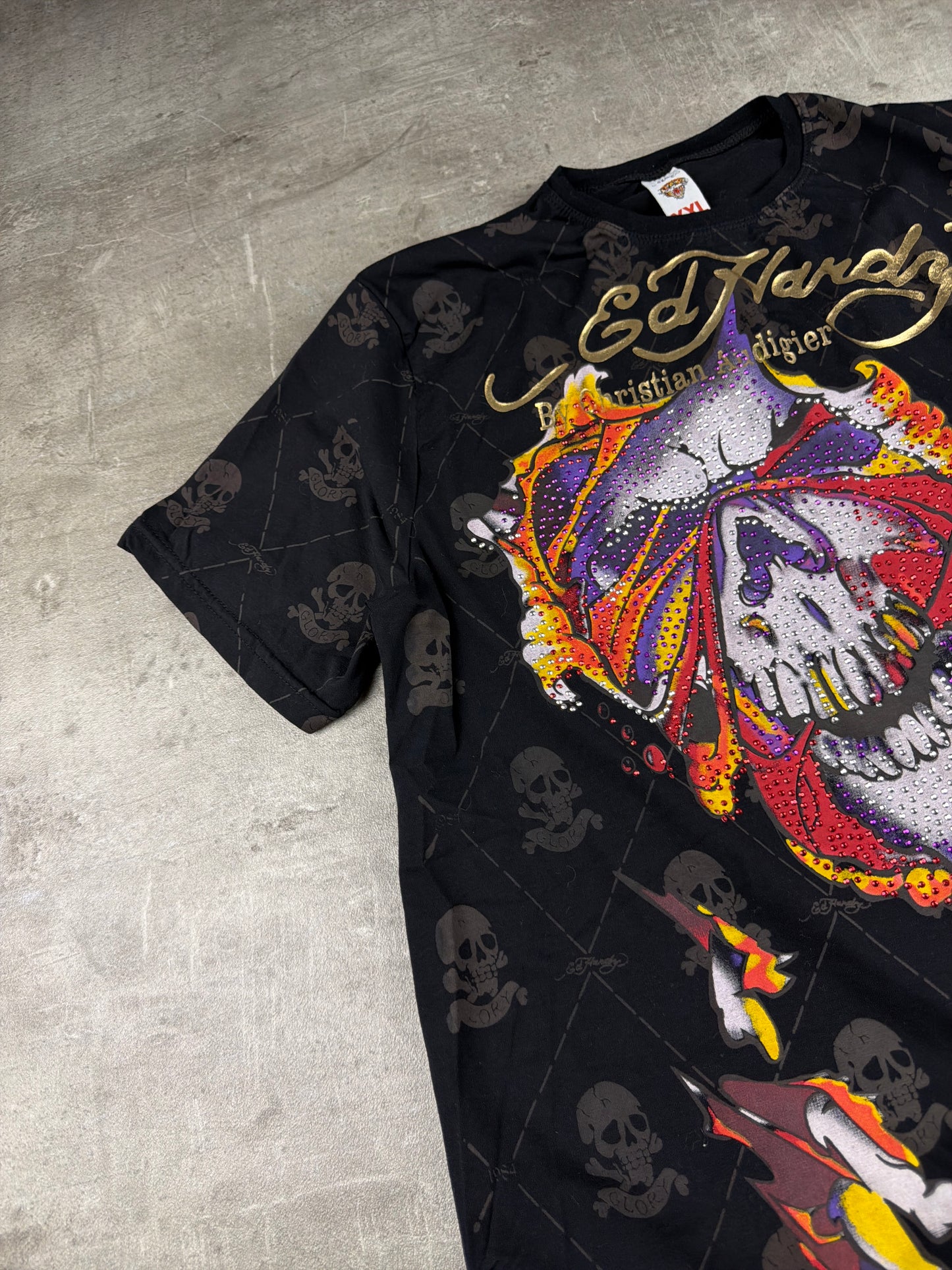 Ed Hardy by Christian Audigier Rhinestone Skull Tee - All Over Print Black