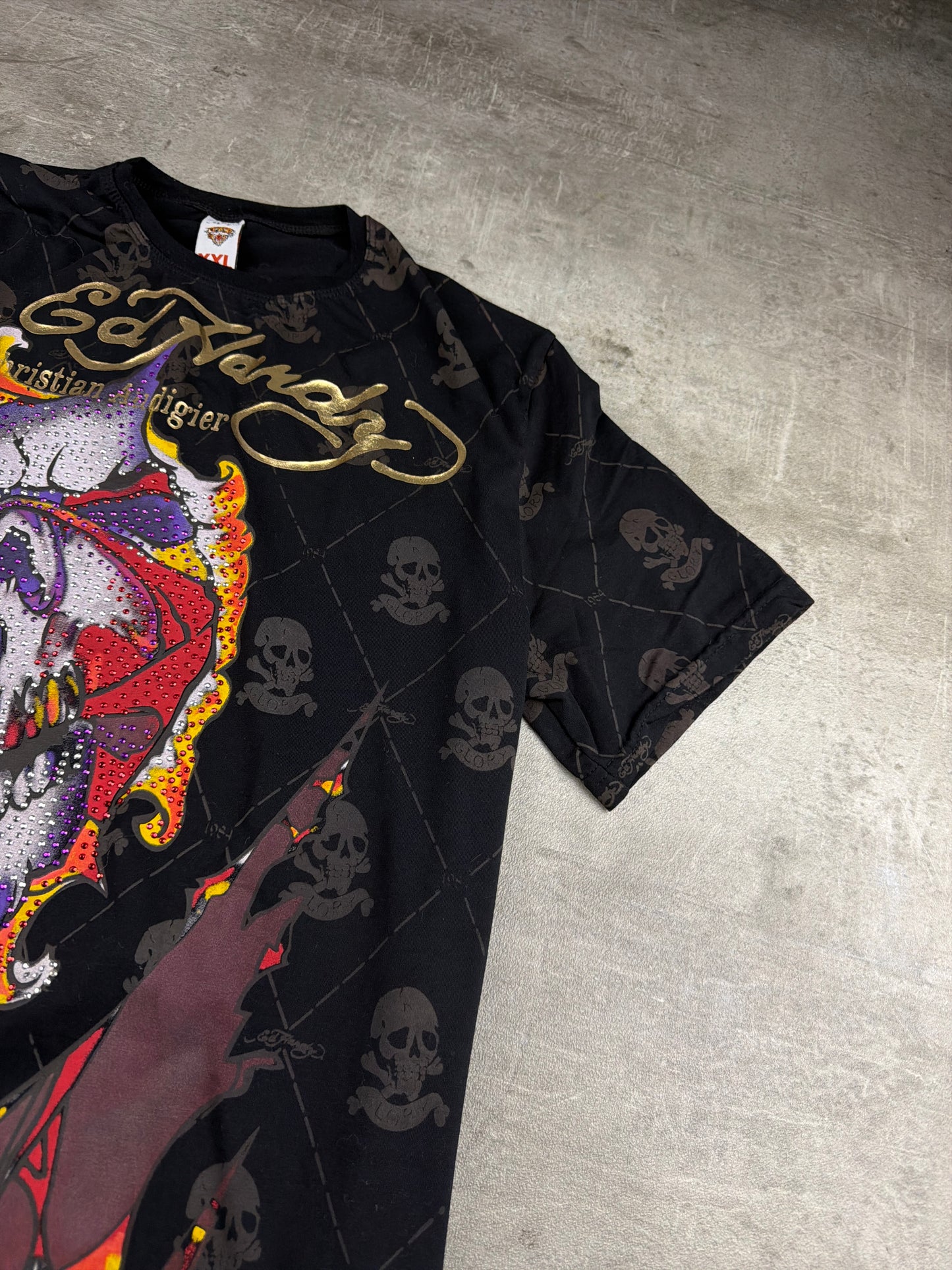 Ed Hardy by Christian Audigier Rhinestone Skull Tee - All Over Print Black