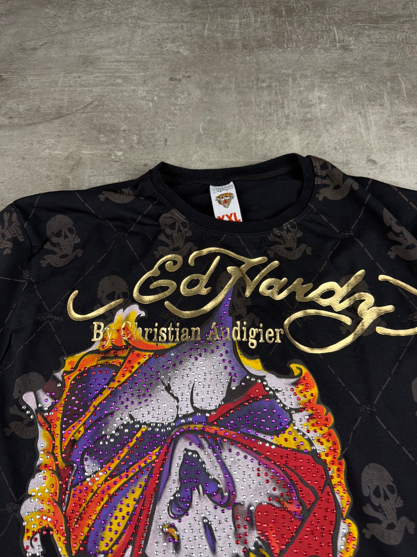 Ed Hardy by Christian Audigier Rhinestone Skull Tee - All Over Print Black