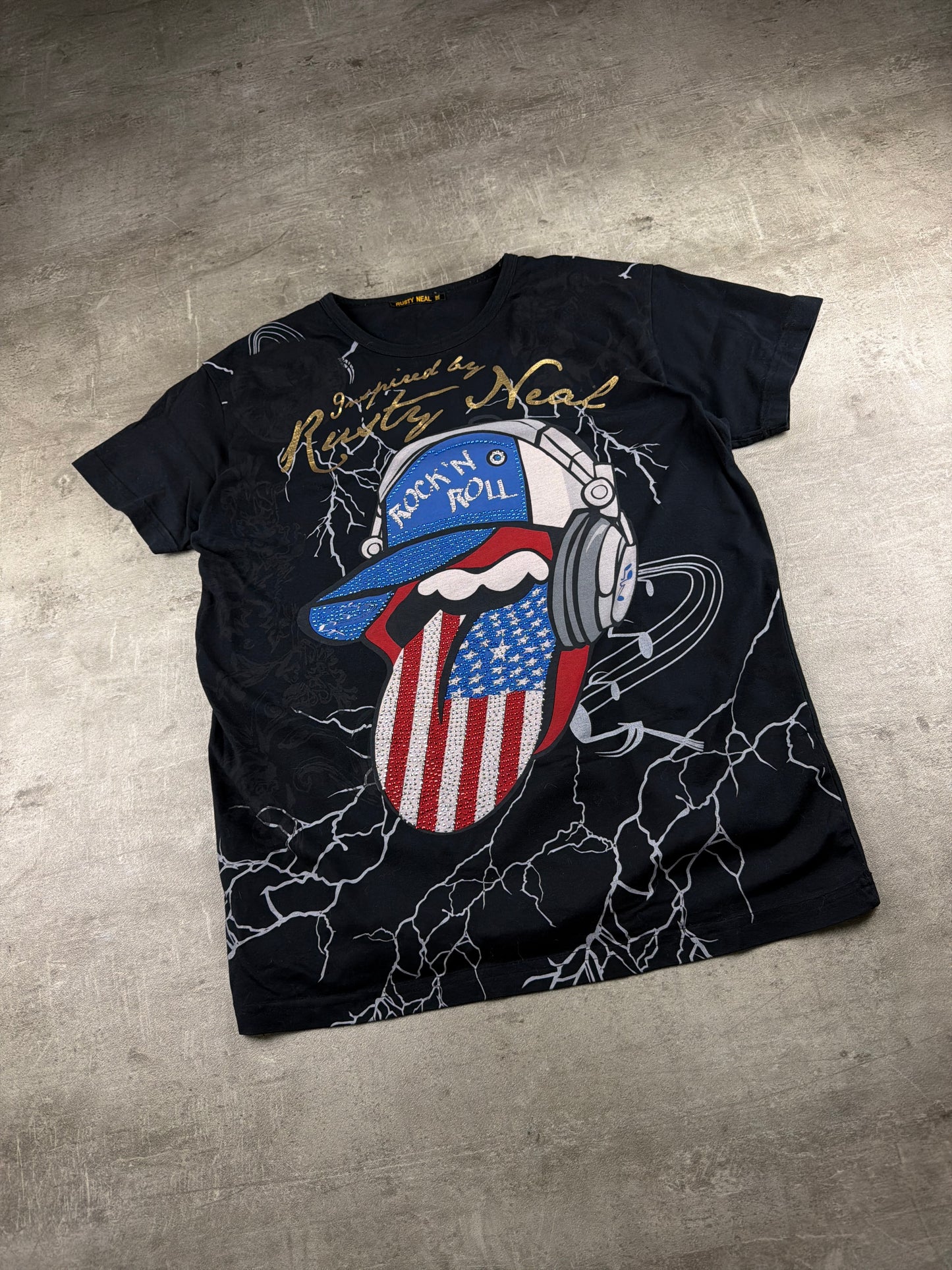 Rusty Neal "Rock 'N' Roll" Graphic Rhinestone Tee - Black / Y2K Rocker Grid