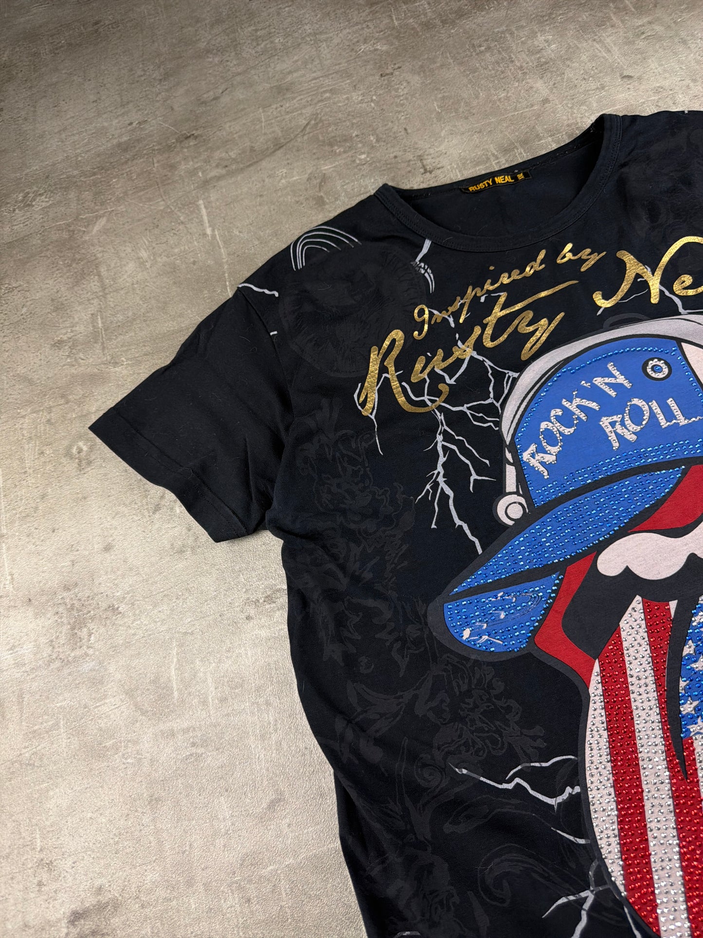 Rusty Neal "Rock 'N' Roll" Graphic Rhinestone Tee - Black / Y2K Rocker Grid