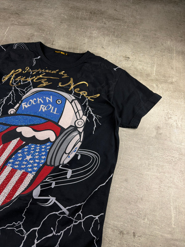 Rusty Neal "Rock 'N' Roll" Graphic Rhinestone Tee - Black / Y2K Rocker Grid