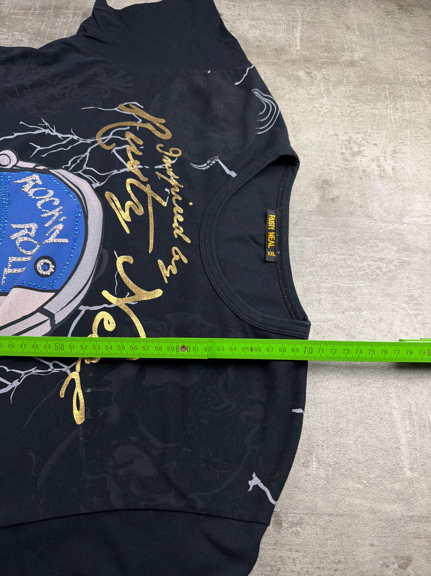 Rusty Neal "Rock 'N' Roll" Graphic Rhinestone Tee - Black / Y2K Rocker Grid