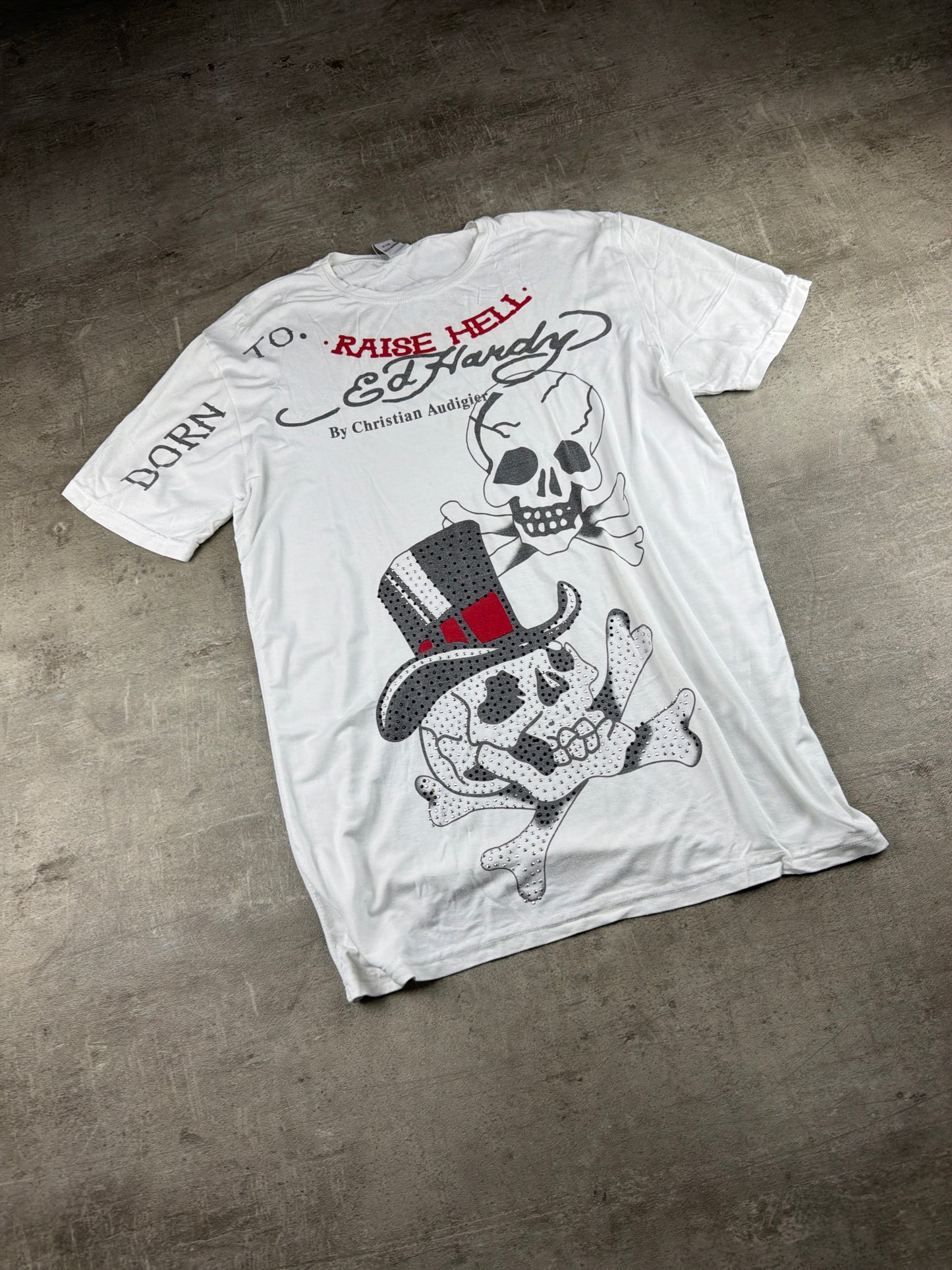 Ed Hardy by Christian Audigier "Born To Raise Hell" Rhinestone Skull Tee - Off-White / Graphic