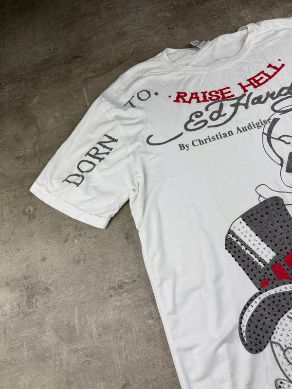 Ed Hardy by Christian Audigier "Born To Raise Hell" Rhinestone Skull Tee - Off-White / Graphic