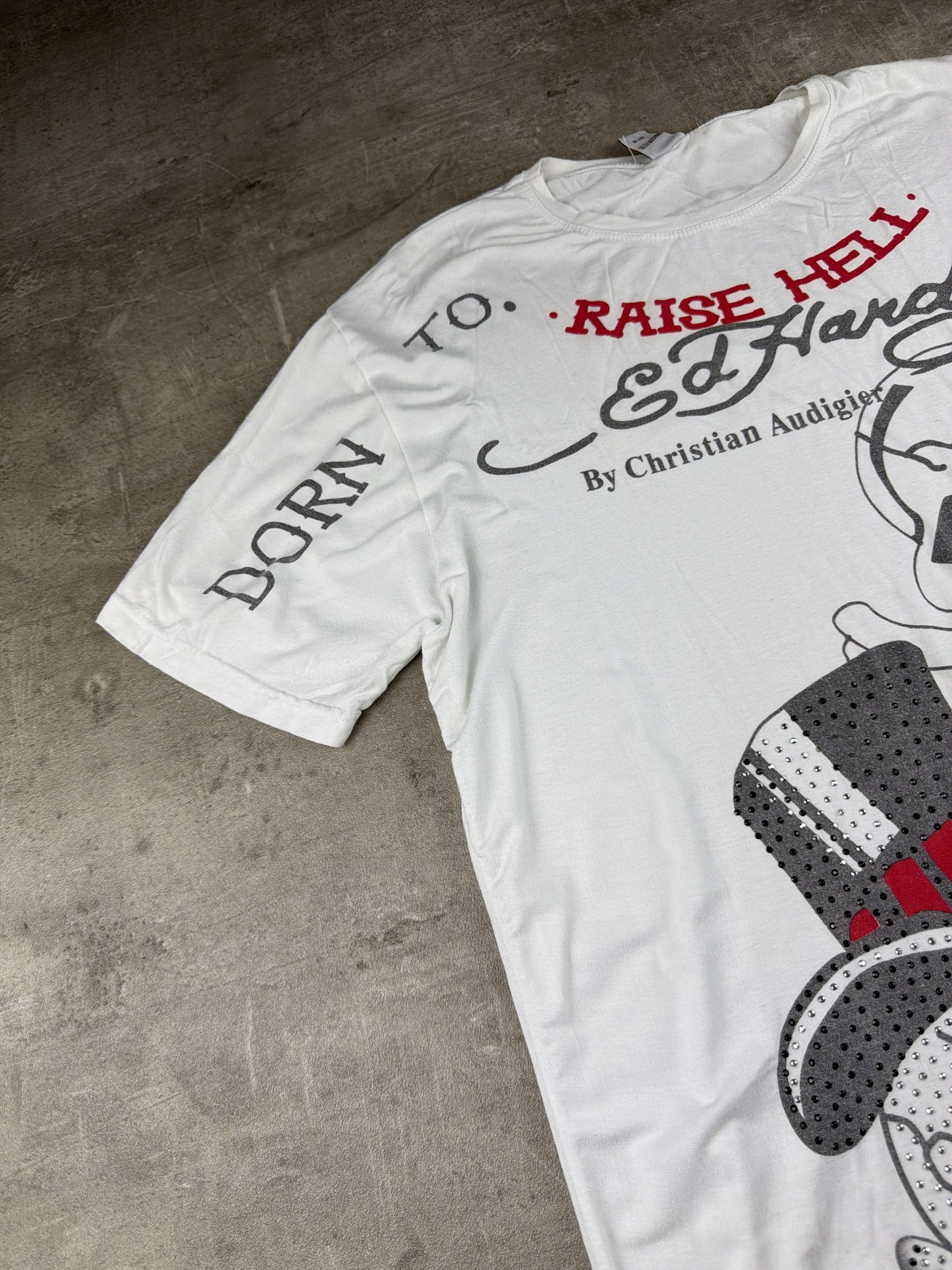 Ed Hardy by Christian Audigier "Born To Raise Hell" Rhinestone Skull Tee - Off-White / Graphic