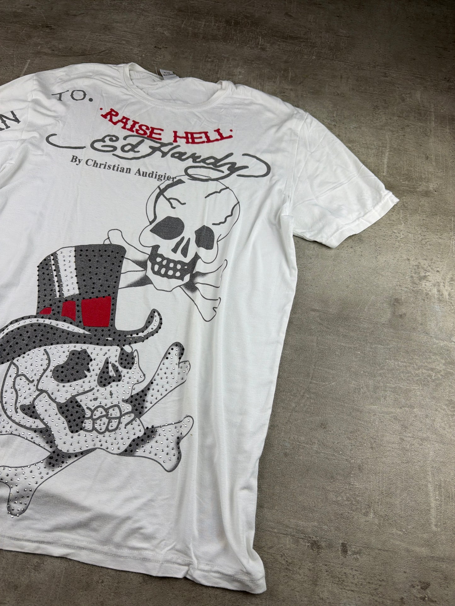 Ed Hardy by Christian Audigier "Born To Raise Hell" Rhinestone Skull Tee - Off-White / Graphic