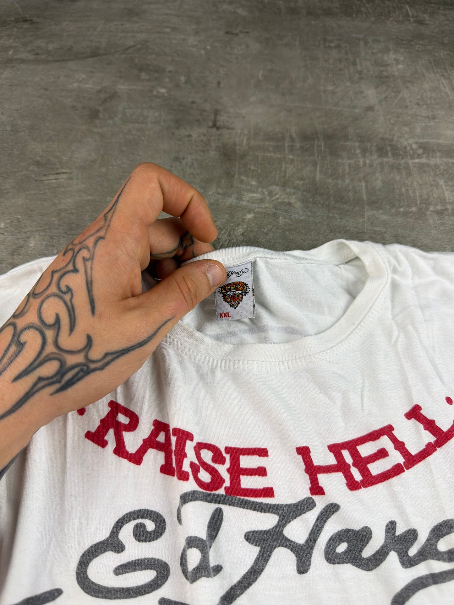 Ed Hardy by Christian Audigier "Born To Raise Hell" Rhinestone Skull Tee - Off-White / Graphic