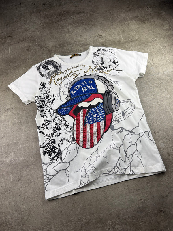 Rusty Neal "Rock'n'Roll" Graphic Rhinestone Tee - White / Graphic Print