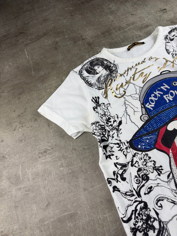 Rusty Neal "Rock'n'Roll" Graphic Rhinestone Tee - White / Graphic Print