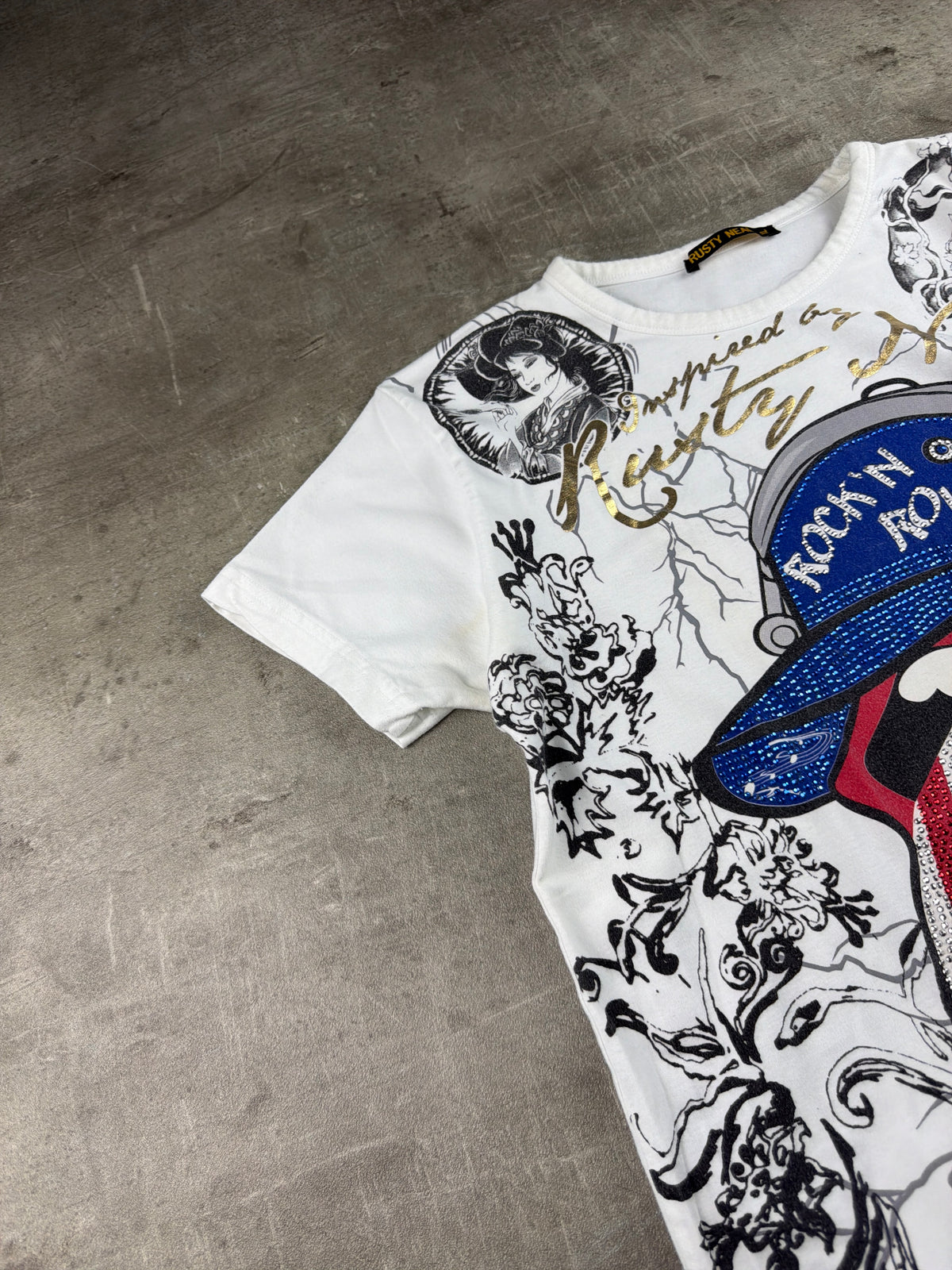 Rusty Neal "Rock'n'Roll" Graphic Rhinestone Tee - White / Graphic Print