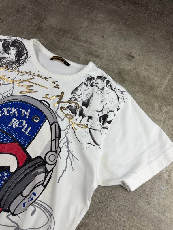 Rusty Neal "Rock'n'Roll" Graphic Rhinestone Tee - White / Graphic Print