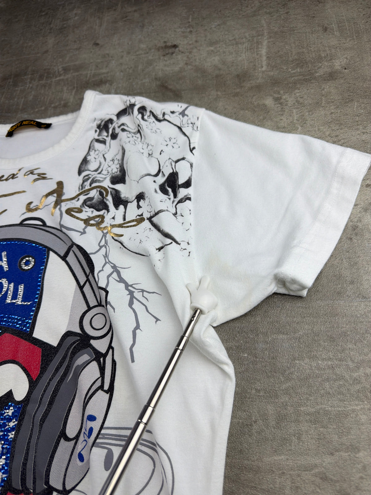 Rusty Neal "Rock'n'Roll" Graphic Rhinestone Tee - White / Graphic Print