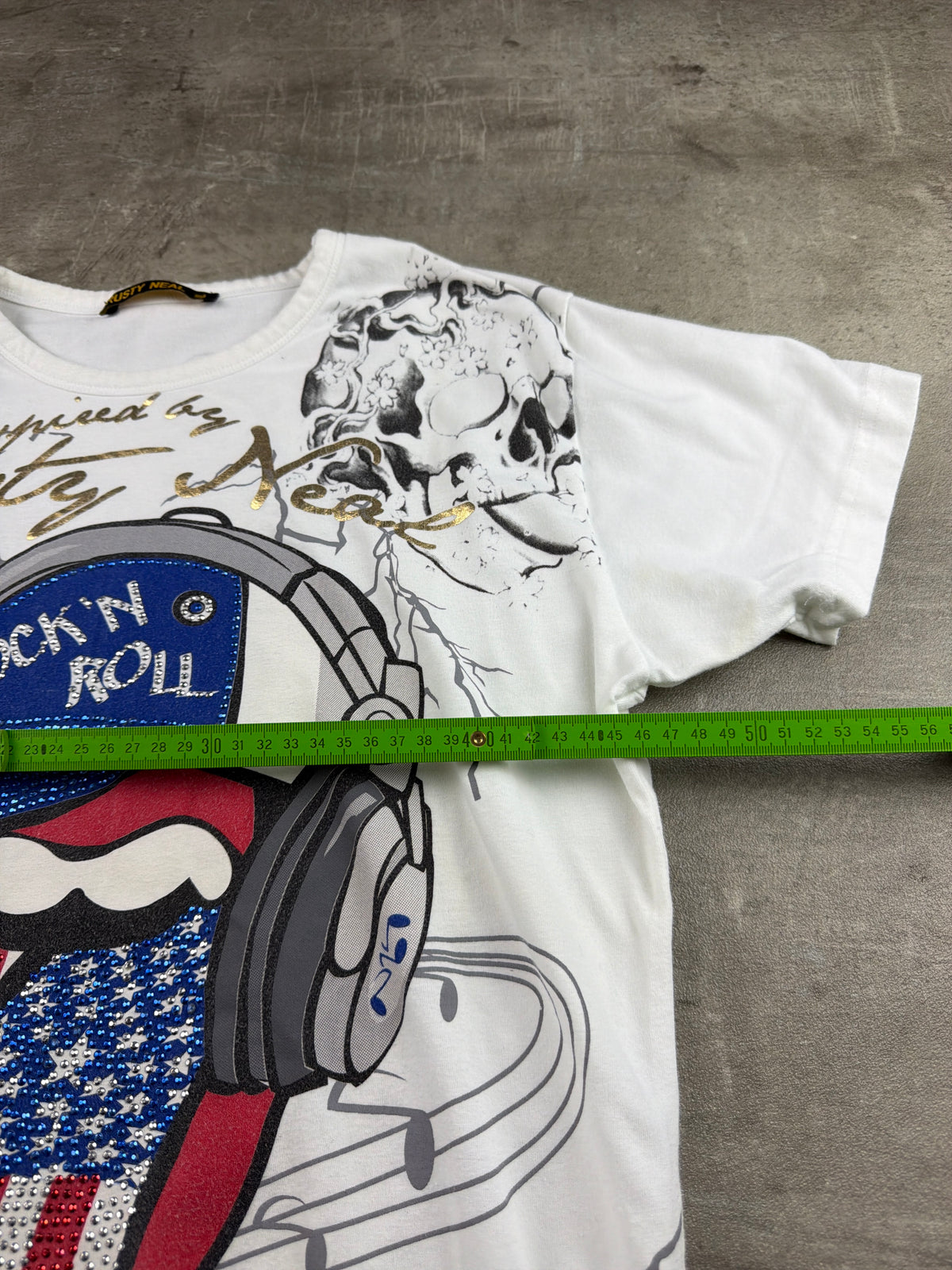 Rusty Neal "Rock'n'Roll" Graphic Rhinestone Tee - White / Graphic Print
