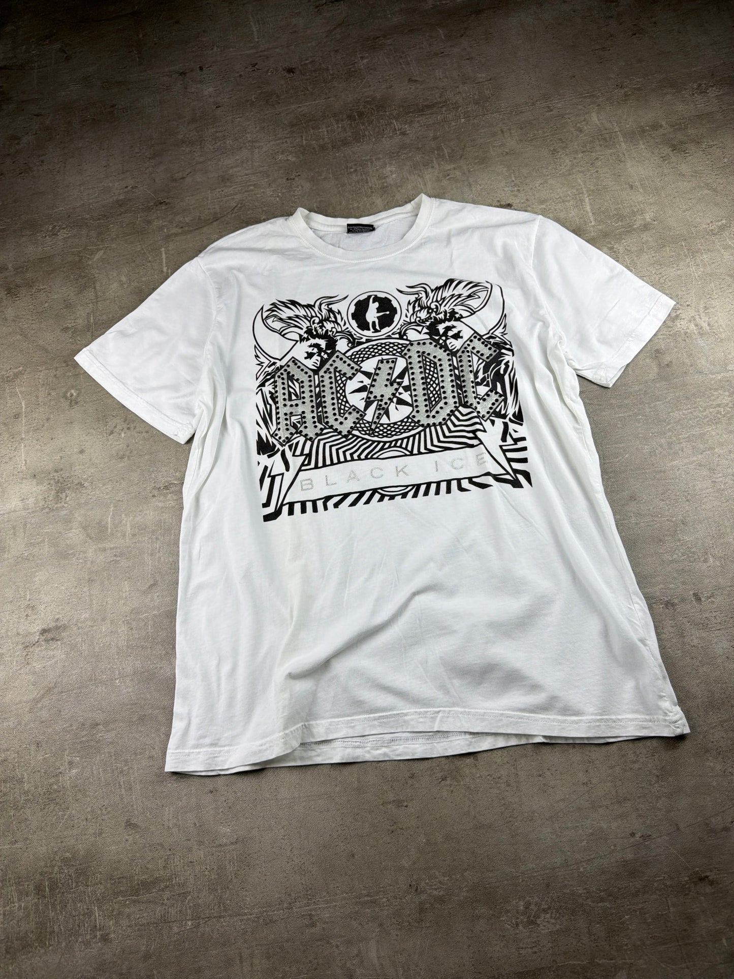 AC/DC Vintage "Black Ice" Graphic Tee - White / Silver Rhinestone