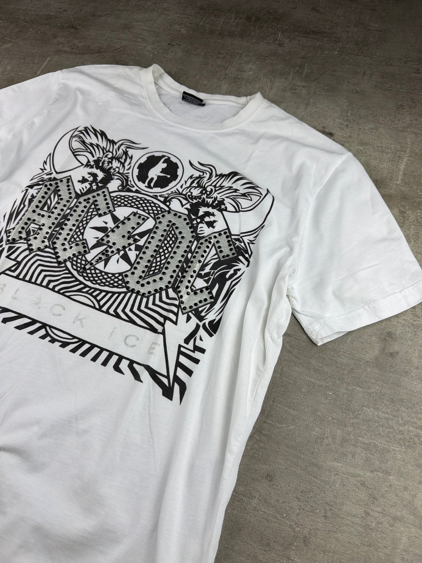 AC/DC Vintage "Black Ice" Graphic Tee - White / Silver Rhinestone
