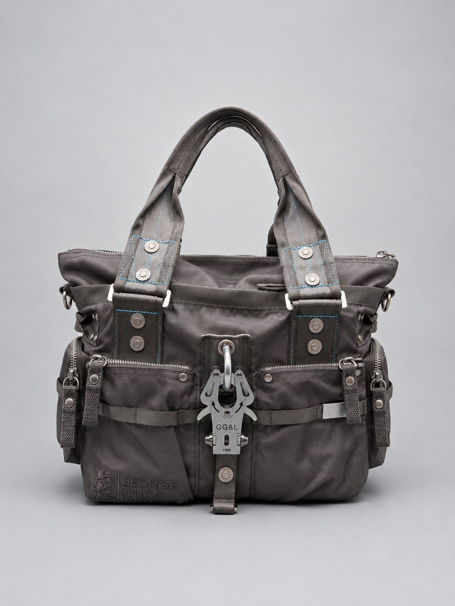 George Gina & Lucy "6IX" Nylon Shoulder Bag - Dark Grey / Aqua Contrast Stitches