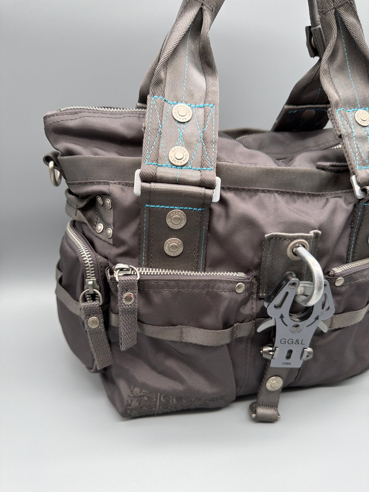 George Gina & Lucy "6IX" Nylon Shoulder Bag - Dark Grey / Aqua Contrast Stitches