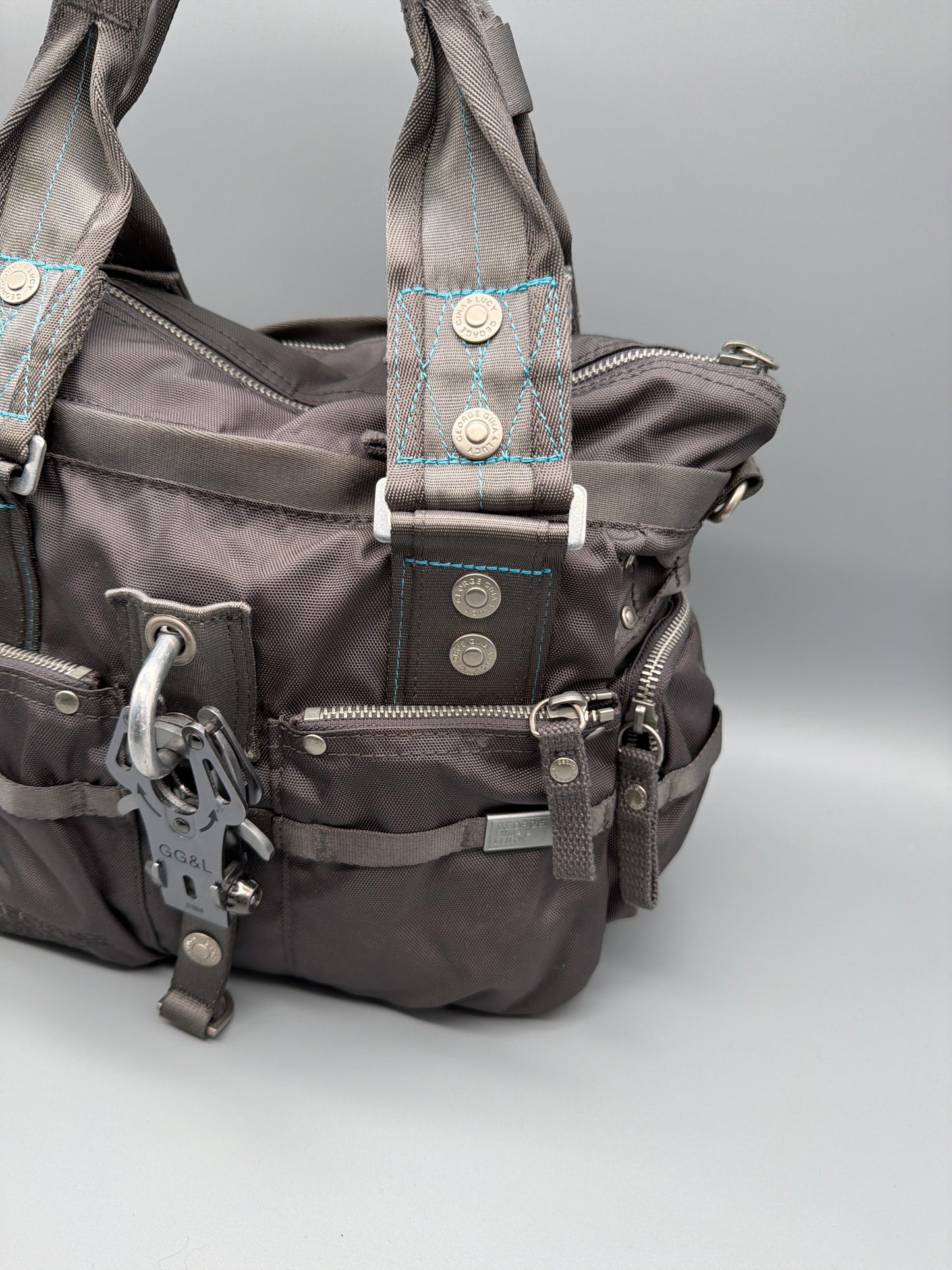 George Gina & Lucy "6IX" Nylon Shoulder Bag - Dark Grey / Aqua Contrast Stitches